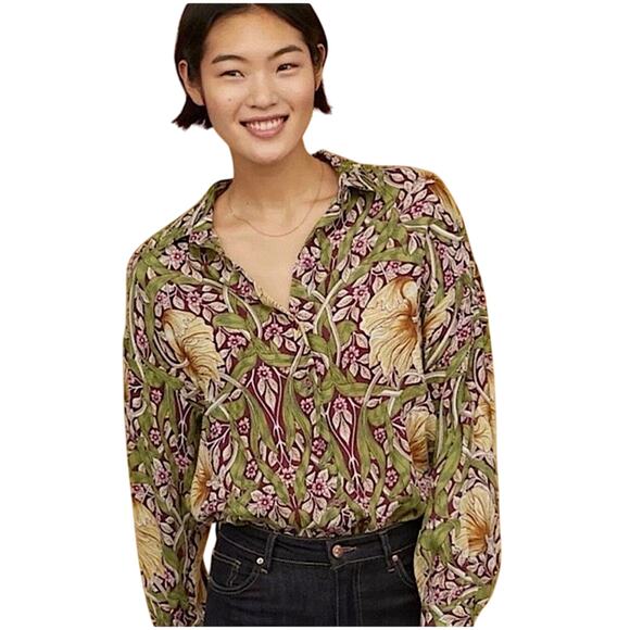 Morris & Co. x H&M Floral Print Long Sleeve Button Down Blouse Top 2 - Picture 1 of 7